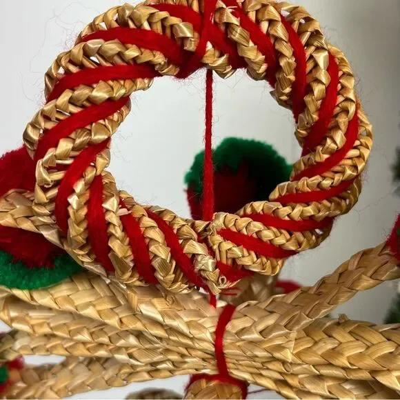 Vintage Straw Rattan Wicker Woven Hanging Basket Bells Christmas Decor Boho MCM - Picture 3 of 12
